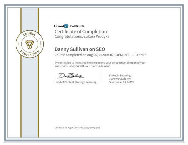 Łukasz Wudyka opinie o pozycjonowaniu w Google Moja Firma - certyfikat Linkedin - Danny Sullivan on SEO.