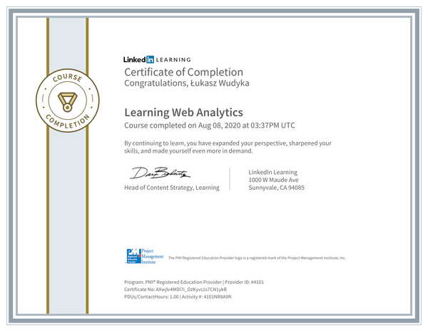 Łukasz Wudyka opinie o pozycjonowaniu w Google Moja Firma - certyfikat Linkedin - Learning Web Analytics (1).