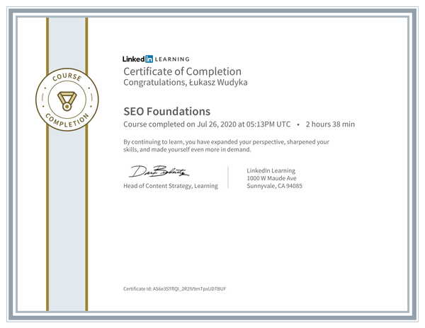 Łukasz Wudyka opinie o pozycjonowaniu w Google Moja Firma - certyfikat Linkedin - SEO Foundations.